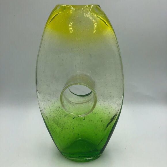 Vintage Ombre Yellow Green Clear Handblown Glass Tabletop Art Vase Décor Indoor - Picture 5 of 13